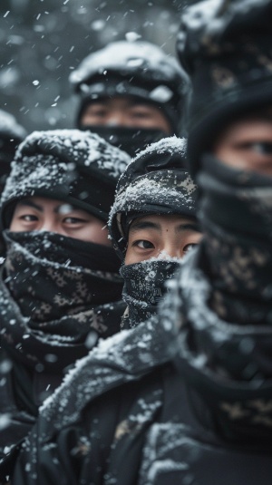 A group of Chinese soldiers wearing black thick cotton padded jackets and hats, standing in the snow with their faces covered by scarves, close up shot, depth of field effect, snowflakes falling on them, cold winter day, cinematic feel, highlighting facial expressions in the style of high-definition details and strong contrast between light and dark. ar 71:128