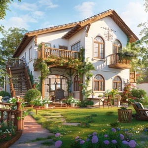 自然美的白色房子，带棕色装饰和木制栏杆的前门