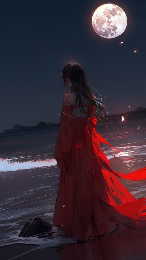 血色的月光下，海边的沙滩上，1个绝美的女孩，清风吹起她白色的纱裙，她站在那里默默的哭泣着