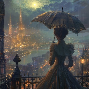 一个古风美女的背影打着一把伞，看着繁华美丽的科技城市