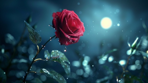 一朵红艳欲滴的蔷薇花从缝隙中钻出来，在月光下傲然绽放着，散发着不同寻常的诱人香气。纯色背景，高清