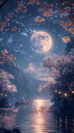 夜晚的天空，一轮圆月上桂花树盛开，古香古色的道路边有潺潺的流水，天上繁星点点，一叶小舟在天空中划向远方，大师作品，精美画质，8k高清