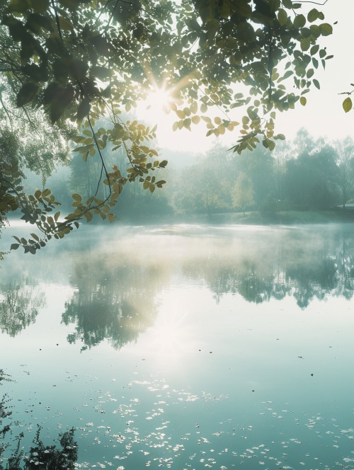 A serene lake reflecting the misty morning sky, with trees and foliage gently swaying in the breeze. The summer morning had a calm atmosphere with fog on the water surface and trees in the background. The summer light and summer day were depicted in a realistic photo style, with the morning sun shining through the summer nature. The fog laid on the water surface while the tree leaves swayed, reflecting the nature of a summer morning on the lake in the style of a photo.