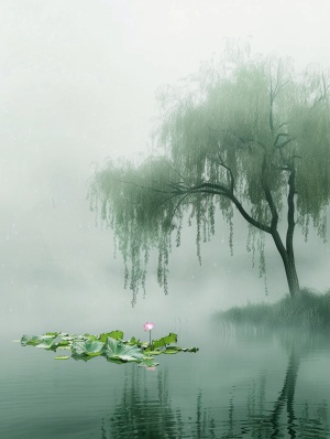 A willow tree by the pond, there is one lotus flower on top of it, green leaves and pink flowers in the water, in the style of Chinese landscape painting, ethereal fog background, in a minimalist painting style, large white space composition, green tone, high definition images, blurred foreground, wide angle lens, fine details, delicate texture, delicate brushstrokes. The whole picture gives people an elegant feeling, in a minimalist style.