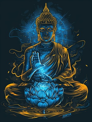 A blue lotus flower is in the left hand of Buddha, and there's an outline light on top., The right palm holding it glows with golden radiance, and next to him sits D sizhao from "Samsara", He has his hands folded, floating above the body,, His eyes glow blue, with detailed facial features, There was mist around, black background, Vector Illustration style, glowing lines, glowing color palette, 3D rendering, ultrahigh definition details, and a high resolution. High quality poster. ar 3:4