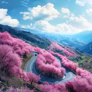 盘山公路开往远方，樱花盛开，真实超高清