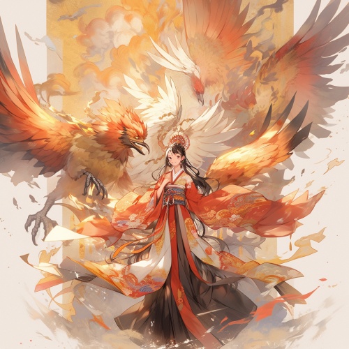 一个中国古代女孩身穿汉服，身边围绕着一只凤凰，凤凰鹤鸣九皋，震慑大地