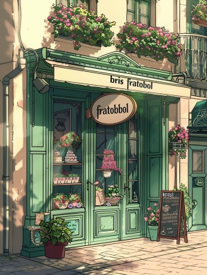 一幅可爱的、柔和的粉彩色调的日本动漫风格的插图,描绘了一个老式蛋糕店的前面,绿色的门和窗户装饰着鲜花。商店橱窗上的招牌用草书写着“Bris fratobol”。外面还有一些花盆,增加了它的魅力外观。这个场景是在白天设置的,温暖的阳光在建筑立面上投射出温柔的阴影。以线描、粉彩、梦幻、浪漫、可爱、精致为风格。