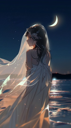 月光下，海边的沙滩上，1个绝美的女孩，清风吹起她白色的纱裙，她站在水里默默的哭泣着