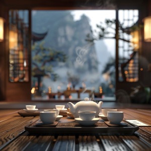 新中式茶厅，白色茶具，黑色茶盘，俯视效果，背景虚化