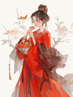 一个古代女人，穿红黑配色交领汉服，拿着葫芦，水墨风，水墨线稿