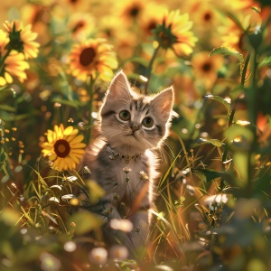 there is a cat that is standing in the grass with flowers, adorable digital painting, cute digital art, cute detailed digital art, cute 3 d render, beautiful digital artwork, cute cat in a sunflower field, fantasy matte painting，cute, cute artwork, 🌺 cgsociety, wholesome digital art, beautiful digital art, high-quality wallpaper, 4k highly detailed digital art