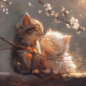 there is a cat and a bird that are sitting together, beautiful art, kitty-bird hybrid, adorable digital painting, aww, pet bird, by Ju Lian, beautiful and cute, awww, by Min Zhen, beautiful cute, friend, cute animal, beautiful artwork, by Yang J, pet animal, cute digital art, cute beautiful, gorgeous art, cute artwork