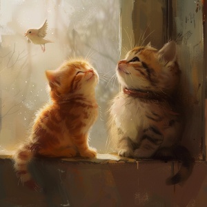 there is a cat and a bird that are sitting together, beautiful art, kitty-bird hybrid, adorable digital painting, aww, pet bird, by Ju Lian, beautiful and cute, awww, by Min Zhen, beautiful cute, friend, cute animal, beautiful artwork, by Yang J, pet animal, cute digital art, cute beautiful, gorgeous art, cute artwork
