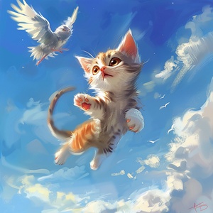 there is a cat and a bird flying in the sky, kitty-bird hybrid, adorable digital painting, cute digital art, cute detailed digital art, anime visual of a cute cat, cute cartoon, disney's bambi cat, cute artwork, cute detailed artwork, awesome cat, digital cartoon painting art, animated film, flying around the bird, cute cartoon character, anime cat