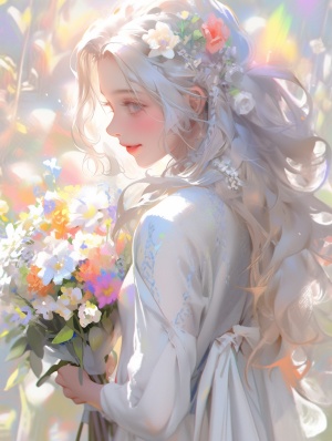 五彩斑斓的白色长发，闪烁光彩，炫目色彩，变幻莫测，美少女，背景有花朵，可爱