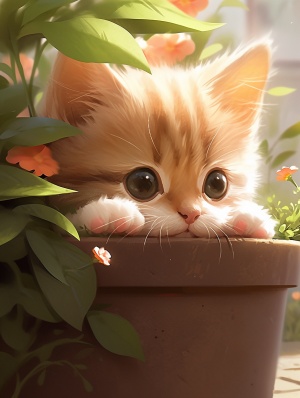 有一只橙色的小猫咪躺在盆栽旁边的地上，可爱的小猫，可爱的小猫，可爱的小猫，有史以来最可爱的小猫，可爱的小猫，超现实的图片，姜黄色的猫，可爱的数码绘画，可爱的大眼睛，美丽的光大眼睛，带着可爱的溺爱的眼睛，可爱的动物，可爱的大眼睛，可爱的眼睛，