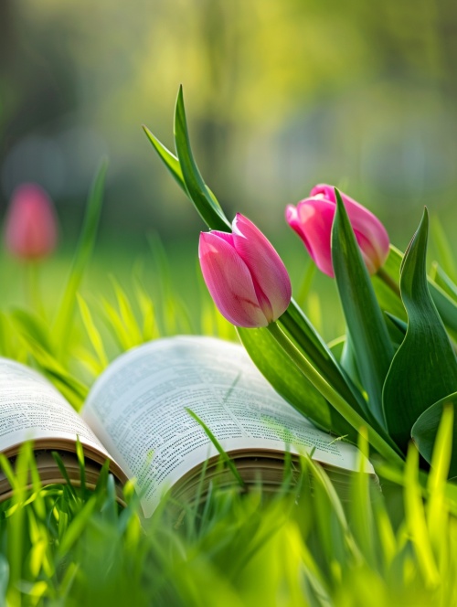 一本打开的书的特写镜头,书页翻动,放在前景中的嫩绿色草地上。书页上有两朵粉色郁金香。背景模糊成模糊的自然风景。