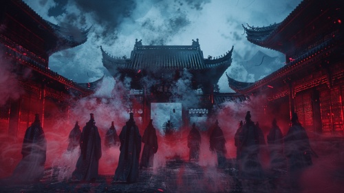 Ghost festival in hainan, in the style of dark crimson and azure, frightful folklore, alessio albi, uhd image, sui dynasty, mist, stylish costume design, highly realistic, best quality, hyper - detailed, 3D, C4D,Blender, OC renderer, Ultra HD, octane renderingar2:4 V5s 750a 2