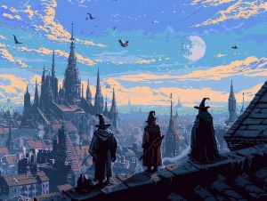 一群巫师有男有女，穿着黑色法师，袍站在屋顶上，审视着下面的叛徒