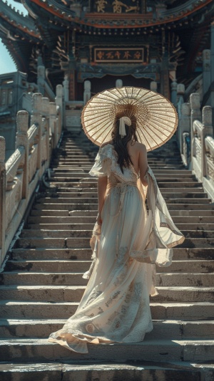 古风白衣美女，打着伞，爬楼梯去寺庙，美女是背影，摄影角度是从地面拍摄，背景是寺庙，电影感大片感，