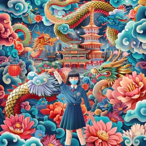 一位身穿蓝色校服的小学生呆着口罩敬礼，周围是五彩缤纷的花朵和龙，背景是广州的地标。颜色方案包括红色、金色、蓝色、绿色、粉色等，采用中国传统艺术风格。画面具有精美的细节和平面插图