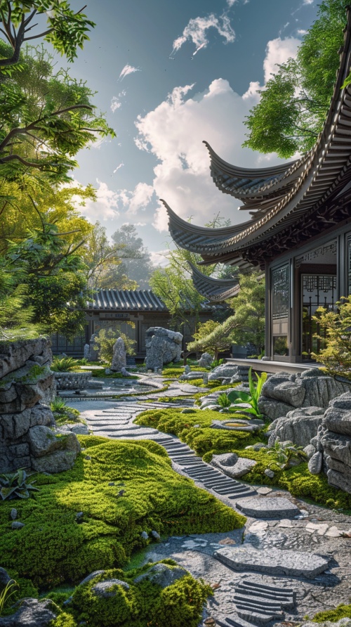 A Chinese garden with stone paths, green moss covered rocks, and traditional architecture. The scene is captured in the style of high definition photography. It includes elements of a pond, plants, trees, sky, clouds, light effects, and an overall impression of tranquility and beauty.