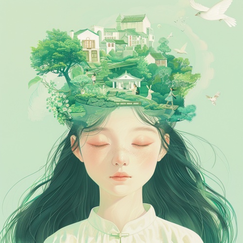 A Chinese girl with long hair , wearing white and closed eyes in the center of an illustration in the style of Hsiao Ron Cheng . In her head is green trees , houses and people playing happily . A bird flies across her face . The background color should be a light emerald green . This artwork uses soft colors to create a dreamy atmosphere . It features an elegant posture , symmetrical composition , soft lighting , delicate brushstrokes , delicate facial expressions , natural scenery , and tranquility . ar 3: