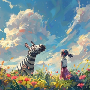卡通画，一个微笑可爱的小斑马和女孩，微微抬起头望向天空，在等风来，大面积留白，人物在画面右下角，人物比例占画面0.333