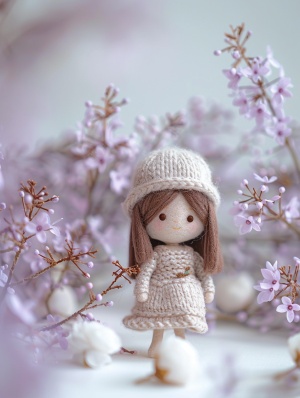 盲盒玩具，chibi，一个由毛毡制成小女孩，浅紫色鲜花包围的泡泡裙，白色棉花，cute，正面视图，站立姿势，超级可爱，C4 D，极简主义，柔和的颜色，柔和的光，白色背景