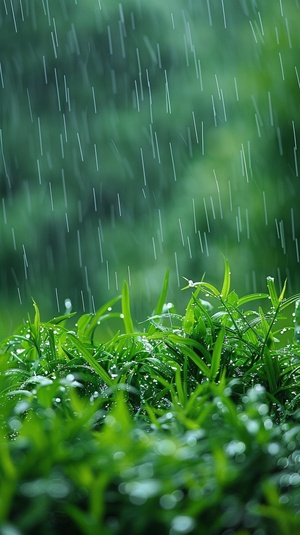 雨纷纷，春天的草地上破土而出的花草，绿意盎然，高速摄影，特写，低角度，焦外成像，高感光，