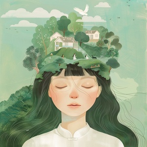 A Chinese girl with long hair , wearing white and closed eyes in the center of an illustration in the style of Hsiao Ron Cheng . In her head is green trees , houses and people playing happily . A bird flies across her face . The background color should be a light emerald green . This artwork uses soft colors to create a dreamy atmosphere . It features an elegant posture , symmetrical composition , soft lighting , delicate brushstrokes , delicate facial expressions , natural scenery , and tranquility . ar 3: