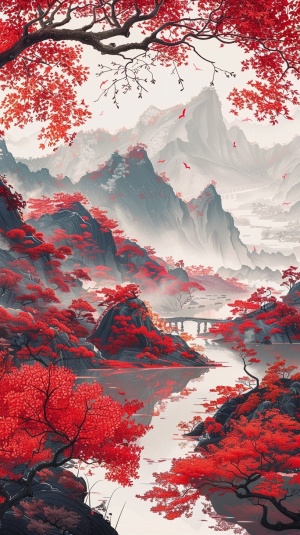Chinese style landscape painting, red maple trees in the foreground with mountains and rivers behind them, Chinese aesthetics, red color scheme, ink painting style, flat composition, high definition, high resolution, game background illustration, game concept art, epic fantasy scene, detailed details, high detail, high quality, high resolution, high contrast, white space on top of frame in the style of Chinese aesthetics.