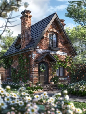 一座小型的两层小屋,有着砖墙、黑色屋顶和花园里的白色花朵,采用照片写实建筑摄影风格。这座小屋具有乡村核心风格,色彩温馨且细节精美,在一个阳光明媚、明亮的白天以高分辨率和高品质描绘。