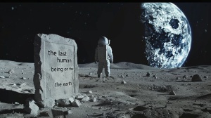 一名中国宇航员站在月球上，旁边有个石碑，石碑上写着地球最后一个人类这八个字，宇航员看着地球后背朝着我们，图片要体现苍凉感