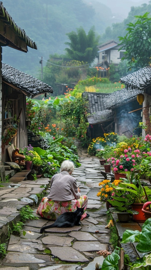 In the morning, a misty rain fell in a mountain village courtyard in Jiangxi with a stone road path leading to a small house. An old woman was sitting on her bed outside smoking. Surrounded by green mountains, colorful flowers were blooming in various places of the garden landscape design with vegetable fields growing vegetables. There was also a black cat lying next to her.
