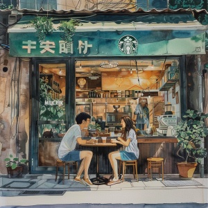 夏天的傍晚，一对年轻情侣在星巴克店外悠闲的面对面坐着，喝着咖啡。