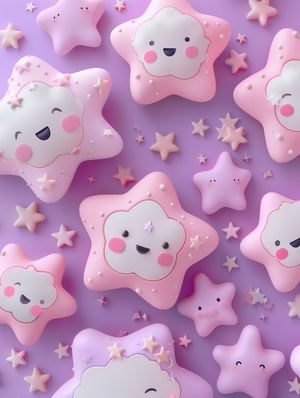 Cute stars and clouds, pastel colors, 3D style, cartoon characters, cute expressions, pink purple background, simple design, soft lighting, cute patterns on the star shaped cloud surface, smiling faces with eyes open wide. The overall atmosphere is warm and happy. in the style of ar 64:85