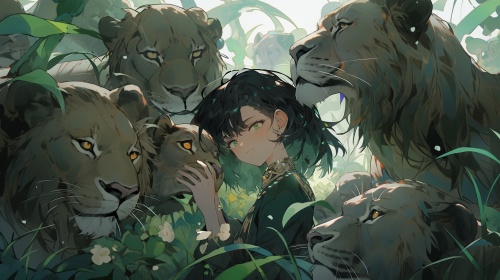 黑色头发，深绿色挑染头发，双马尾，10岁傲娇小女孩，摸着在身边的大狮子头，身边围绕着狮子小老虎，各种小动物，在森林中