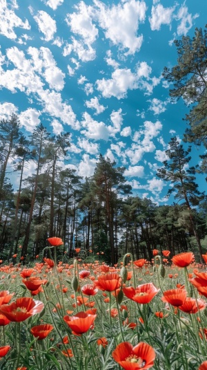 蓝天白云下，高大的树木，地上开了一些大朵的红色的花，冶愈系美景