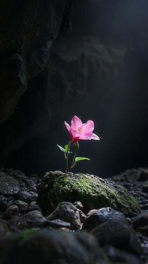 在古老的洞穴的黑暗中,有一朵粉色的花生长在一条小溪中的苔藓石上。光线从后面照射过来照亮它。一朵细长的绿色嫩芽在娇嫩的花瓣旁生长,并升入空中。周围没有其他植物,只有散落的卵石。与黑暗的岩石形成鲜明对比,这朵花在其周围的环境中显得明亮突出。这个场景给人一种宁静和神秘的感觉。以中国艺术家的风格。
