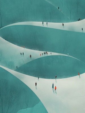 blue-green，Minimalist illustration, Anna and Elena Balbusso,WANGHul, nickveasey, Chinese People Celebrating National Day, Beijing, Tiananmen Square :1 Using an ethereal color scheme, extreme close-up shots of the Danxia landform in Zhangye, with light penetrating the air, a peaceful atmosphere, curves spreading,smooth curves linking, and ripples of color spreading;Rich color diffusion, marker coloring, printmaking style, layered curves, long lens, ultra detailed, UHD,high on detail,rigvie,