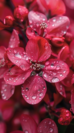 开满数的红色的海棠花 花上有露珠 真实