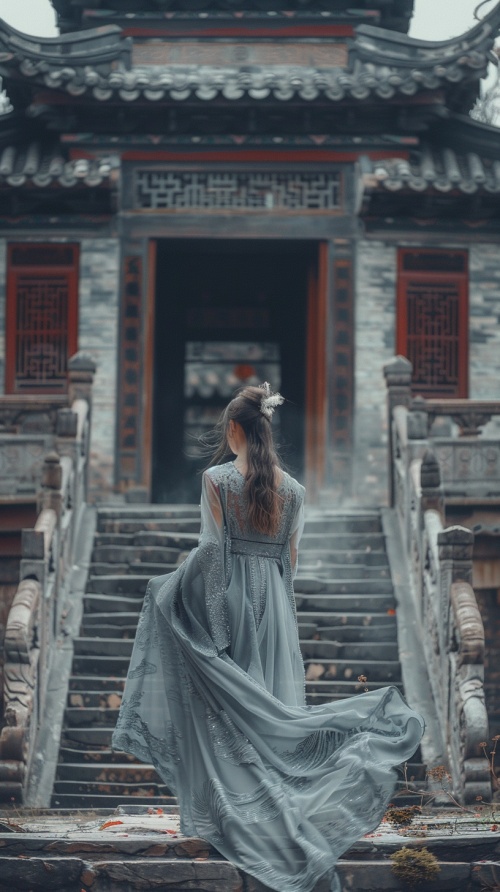 美女小姑娘走着寺庙个个角度拍摄画面，突出神秘感，画面里没有文字，色调灰色为主