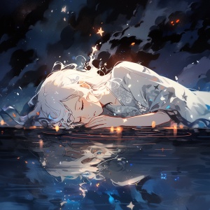 深蓝色调，女孩躺在水面上，水面上映着星空，女孩望着天，白色的衣服