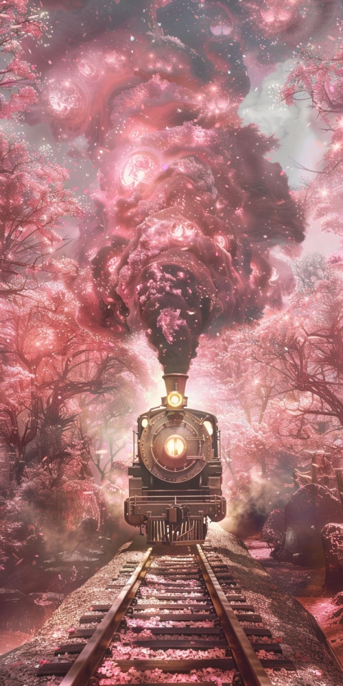 一辆水晶列车 从一个烟雾缭绕的粉色轨道里通过 蒸汽 梦幻美好