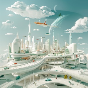 天空之城，有未来的飞机，高速的交通工具，便捷的商店，高科技的居住环境（剪纸）