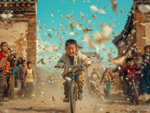 一个九岁中国汉族男孩，穿运动服，人物形象精细，骑自行车，新疆，古代遗迹，身边围着很多维吾尔族小孩，电影光效，杰作，最佳质量，细节精细，色彩缤纷，超高分辨率，鸟语花香