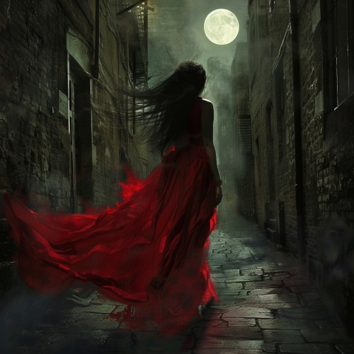 身穿红衣，长发飘飘，肌肤惨败，面目峥嵘的女人，背景是夜晚一条孤独的小巷
