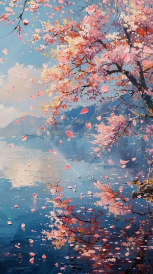 聚焦钱塘湖堤岸，樱花、桃花、杏花竞相绽放，色彩斑斓，如同一片绚丽的云霞落在水边。花瓣随风轻舞，落入水中，形成流动的花毯。采用细腻的线条与饱和的色彩，结合湿画法，营造出生机勃勃的春日景象。